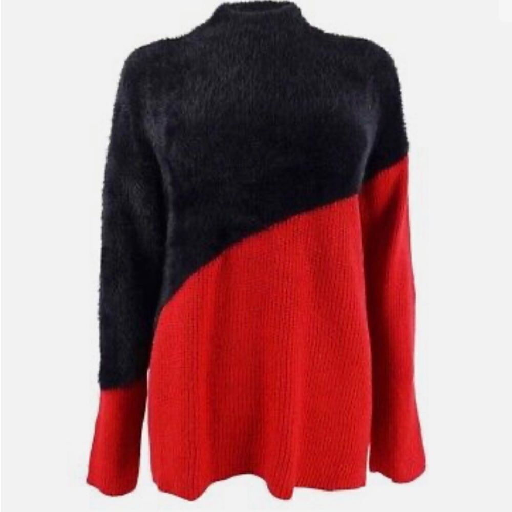 NWT Vince Camuto asymmetrical red and black faux fur mock turtleneck large 365 d - Picture 3 of 5